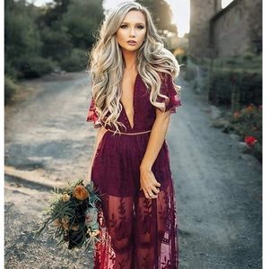 NWOT Red Lace Deep Plunge Dress